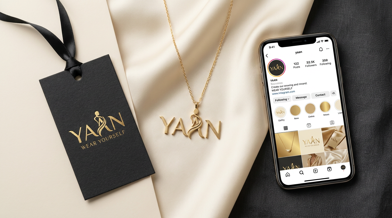 AI Design for A professional brand identity presentation showcasing {{asset:123}} featuring a sleek, minimalist logo design on a delicate gold necklace pendant, a premium textured hang tag, and a curated social media profile mockup. The aesthetic uses a sophisticated color palette of matte black, soft cream, and metallic gold, captured with clean studio lighting, shallow depth of field, and high-end editorial photography style.