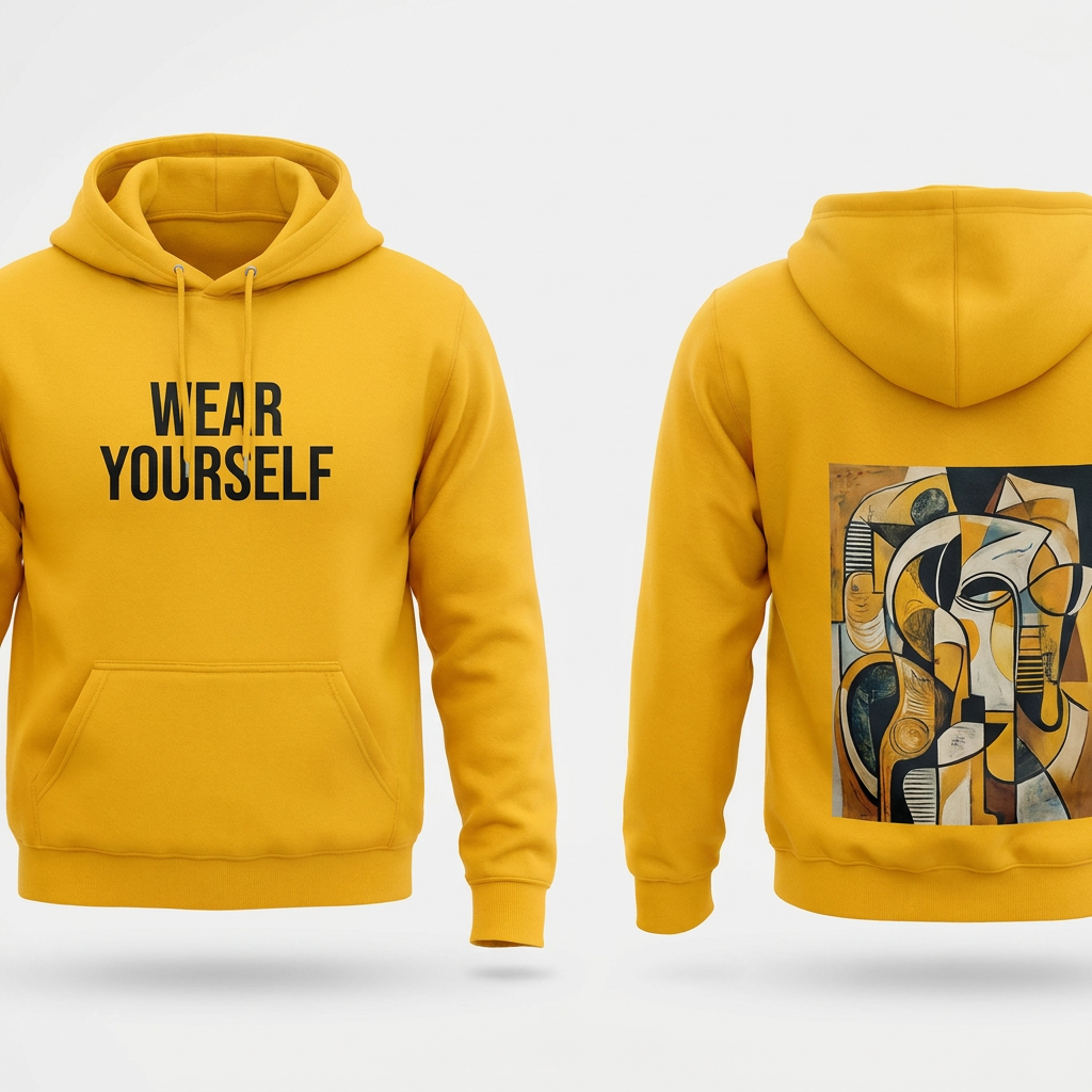 AI Design for A high-end professional e-commerce product mockup featuring a vibrant yellow hoodie, displaying both front and back views in a clean studio setting. The front chest features a crisp 4x4 inch typographic quote reading 'Wear Yourself' in a modern, minimalist font, while the back showcases a large, detailed graphic print on the lower back panel. Soft, neutral studio lighting with subtle shadows to emphasize fabric texture, shot with a 85mm lens for a clean, professional aesthetic suitable for a high-quality website display.