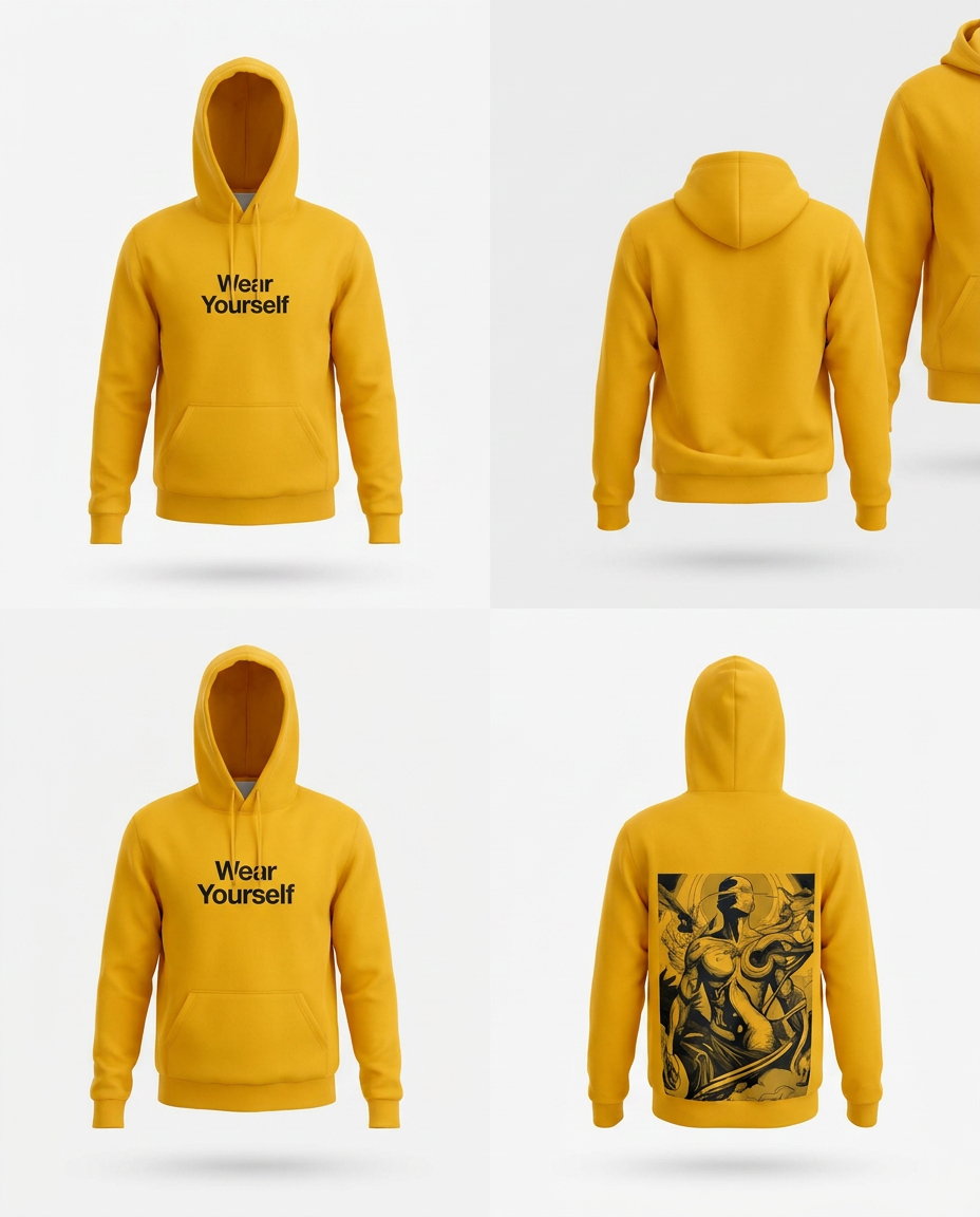 AI Design for A high-end professional e-commerce product mockup featuring a vibrant yellow hoodie, displaying both front and back views in a clean studio setting. The front chest features a crisp 4x4 inch typographic quote reading 'Wear Yourself' in a modern, minimalist font, while the back showcases a large, detailed graphic print on the lower back panel. Soft, neutral studio lighting with subtle shadows to emphasize fabric texture, shot with a 85mm lens for a clean, professional aesthetic suitable for a high-quality website display.