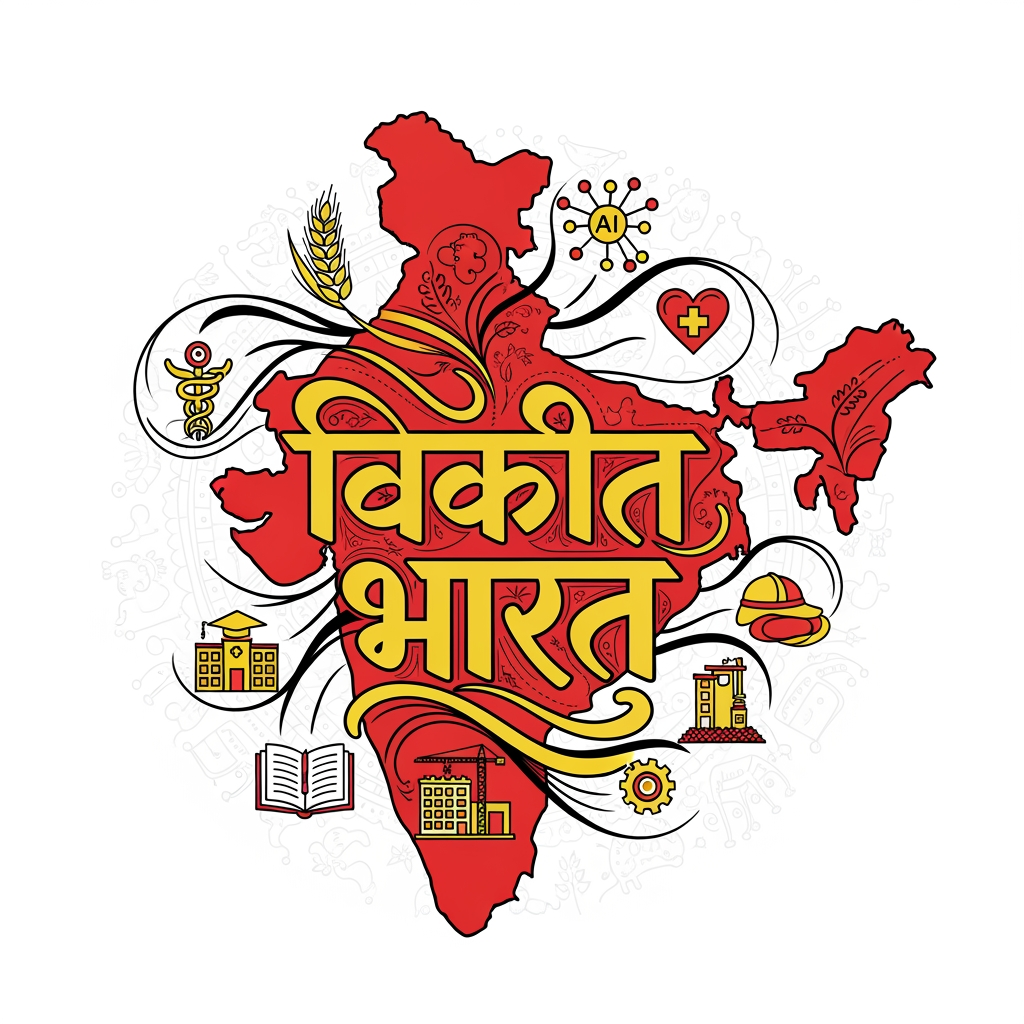 AI Design for Create an Icon in very much Indian style and font. Showing the map of India and the word Viksit Bharat is coming out of the map along with vector icons of agriculture,
AI, healthcare, education, construction, manufacturing. The colours should be in reds and yellows and with a hint of black may be. The patterns should be from Indian art like Gond art, madhubani art etc.