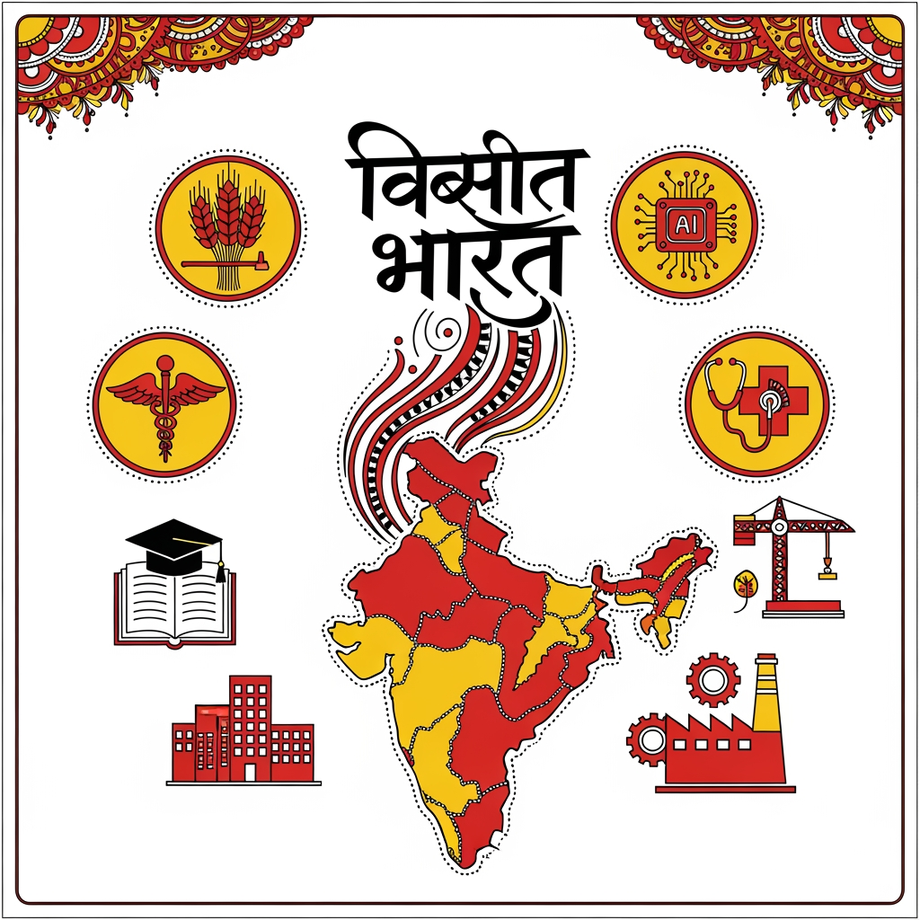 AI Design for Create an Icon in very much Indian style and font. Showing the map of India and the word Viksit Bharat is coming out of the map along with vector icons of agriculture,
AI, healthcare, education, construction, manufacturing. The colours should be in reds and yellows and with a hint of black may be. The patterns should be from Indian art like Gond art, madhubani art etc.