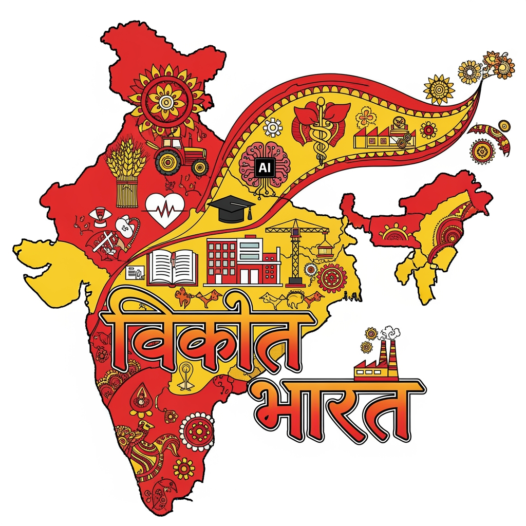 AI Design for Create an Icon in very much Indian style and font. Showing the map of India and the word Viksit Bharat is coming out of the map along with vector icons of agriculture,
AI, healthcare, education, construction, manufacturing. The colours should be in reds and yellows and with a hint of black may be. The patterns should be from Indian art like Gond art, madhubani art etc.