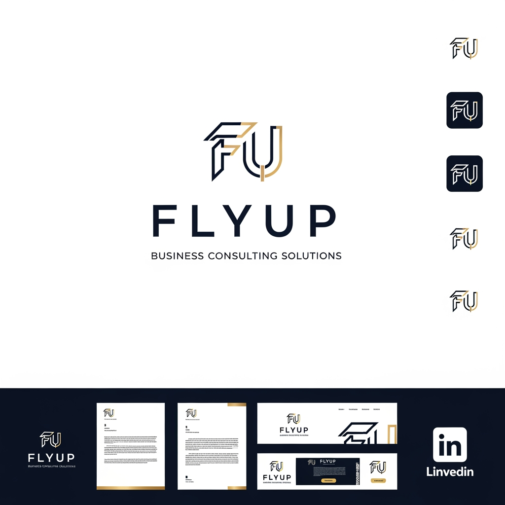 AI Design for Design a world-class premium logo for:
FLYUP BUSINESS CONSULTING SOLUTIONS
The logo should feel like it belongs alongside elite consulting firms such as McKinsey, Bain, BCG, Deloitte, Kearney, and Accenture.
Brand Attributes:
* Executive
* Intelligent
* Strategic
* Sophisticated
* Premium
* Trustworthy
* Corporate
* Global
* Innovative
* High-value
Logo Concept:
Create a unique abstract symbol using the letters F and U.
The symbol should represent:
* Strategic direction
* Business transformation
* Leadership
* Progress
* Excellence
* Forward thinking
Design Style:
* Luxury minimalism
* Geometric precision
* Clean line work
* Modern corporate identity
* Timeless design
* High-end consulting aesthetic
Typography:
FLYUP
Use a premium modern sans-serif font.
Subtitle:
BUSINESS CONSULTING SOLUTIONS
Typography should communicate authority, confidence, and professionalism.
Visual Direction:
Think of:
* Premium investment firms
* Fortune 500 consulting firms
* Corporate strategy firms
* Executive advisory brands
Avoid:
* Airplanes
* Cartoon wings
* Generic arrows
* Stock icons
* Startup-style logos
* Overused growth graphs
Color Palette:
Primary:
Midnight Navy (#0F172A)
Secondary:
Royal Indigo (#312E81)
Accent:
Metallic Gold (#D4AF37)
Background:
White
Create:
1. Luxury wordmark
2. Symbol + wordmark
3. Icon-only version
4. Black version
5. White version
6. Corporate letterhead version
7. Website header version
8. LinkedIn profile version
The logo should feel like a multi-million-dollar consulting brand and instantly communicate:
"Strategic Intelligence. Business Transformation. Executive Excellence."