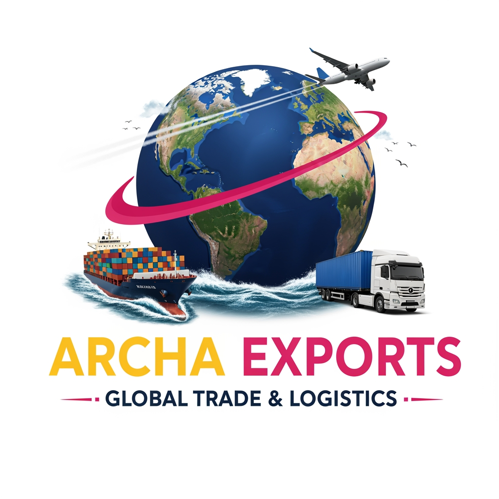 AI Design for Create a professional export company logo for "ARCHA EXPORTS"
in the same style as RC Exports logo —
large realistic 3D globe in the center background in navy blue,
a cargo container ship sailing on ocean waves on the left,
a white semi truck with blue shipping container on the right,
a commercial airplane flying above the globe,
pink/magenta swoosh curve wrapping around the globe.
Bottom text: "ARCHA" in large bold golden/yellow color,
"EXPORTS" in large bold pink/magenta color beside it,
"GLOBAL TRADE & LOGISTICS" in dark navy small caps below
with pink dash lines on both sides.
White background, hyper realistic illustration style,
high resolution, professional logo design.
generate one