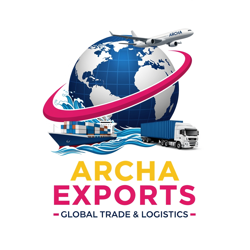 AI Design for Create a professional export company logo for "ARCHA EXPORTS"
in the same style as RC Exports logo —
large realistic 3D globe in the center background in navy blue,
a cargo container ship sailing on ocean waves on the left,
a white semi truck with blue shipping container on the right,
a commercial airplane flying above the globe,
pink/magenta swoosh curve wrapping around the globe.
Bottom text: "ARCHA" in large bold golden/yellow color,
"EXPORTS" in large bold pink/magenta color beside it,
"GLOBAL TRADE & LOGISTICS" in dark navy small caps below
with pink dash lines on both sides.
White background, hyper realistic illustration style,
high resolution, professional logo design.
generate one