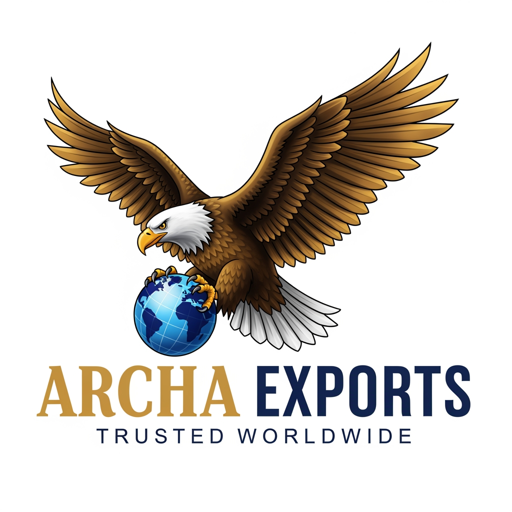 AI Design for Powerful export business logo for "ARCHA EXPORTS" —
majestic bald eagle with wings spread wide holding
a blue globe in its talons, golden feathers,
navy blue and gold color palette,
"ARCHA" in large bold gold serif font,
"EXPORTS" in bold navy beside it,
"TRUSTED WORLDWIDE" tagline in small spaced caps below,
white background, realistic illustration, high resolution.