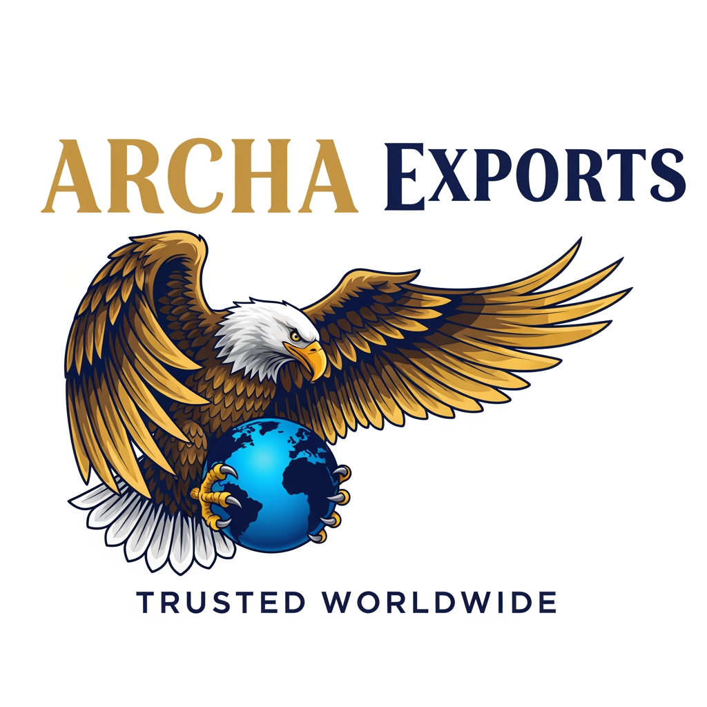 AI Design for Powerful export business logo for "ARCHA EXPORTS" —
majestic bald eagle with wings spread wide holding
a blue globe in its talons, golden feathers,
navy blue and gold color palette,
"ARCHA" in large bold gold serif font,
"EXPORTS" in bold navy beside it,
"TRUSTED WORLDWIDE" tagline in small spaced caps below,
white background, realistic illustration, high resolution.