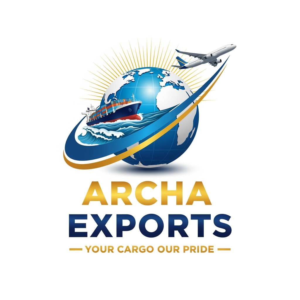 AI Design for Professional export company logo for "ARCHA EXPORTS" —
large realistic 3D blue globe center, massive cargo ship
on ocean waves on left, commercial airplane soaring
above right, golden sunrise rays behind globe,
blue and gold swoosh curve around globe,
"ARCHA" in bold gold, "EXPORTS" in bold navy blue,
tagline "YOUR CARGO OUR PRIDE" in small caps below
with gold dash lines, white background,
hyper realistic illustration, high resolution.
