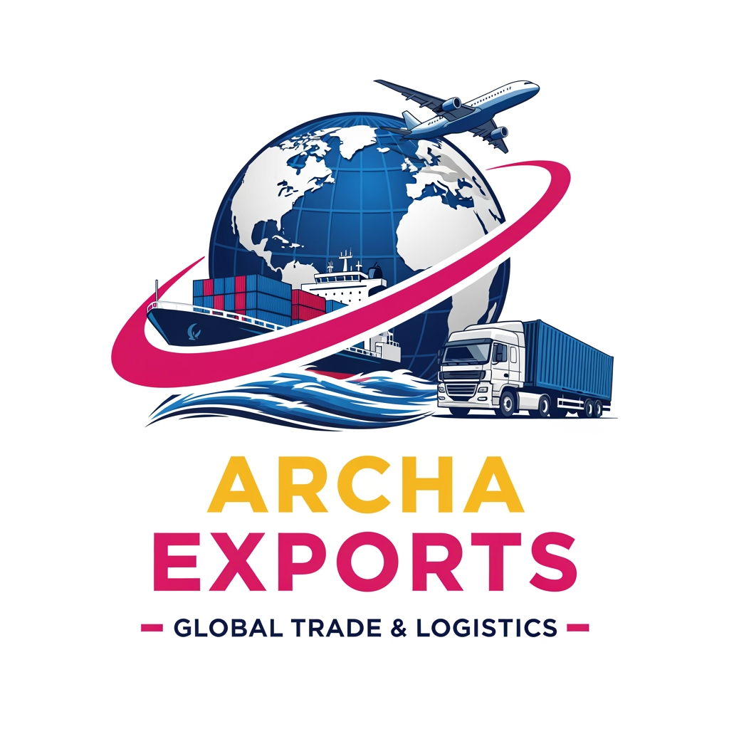 AI Design for Create a professional export company logo for "ARCHA EXPORTS"
in the same style as RC Exports logo —
large realistic 3D globe in the center background in navy blue,
a cargo container ship sailing on ocean waves on the left,
a white semi truck with blue shipping container on the right,
a commercial airplane flying above the globe,
pink/magenta swoosh curve wrapping around the globe.
Bottom text: "ARCHA" in large bold golden/yellow color,
"EXPORTS" in large bold pink/magenta color beside it,
"GLOBAL TRADE & LOGISTICS" in dark navy small caps below
with pink dash lines on both sides.
White background, hyper realistic illustration style,
high resolution, professional logo design.
generate one