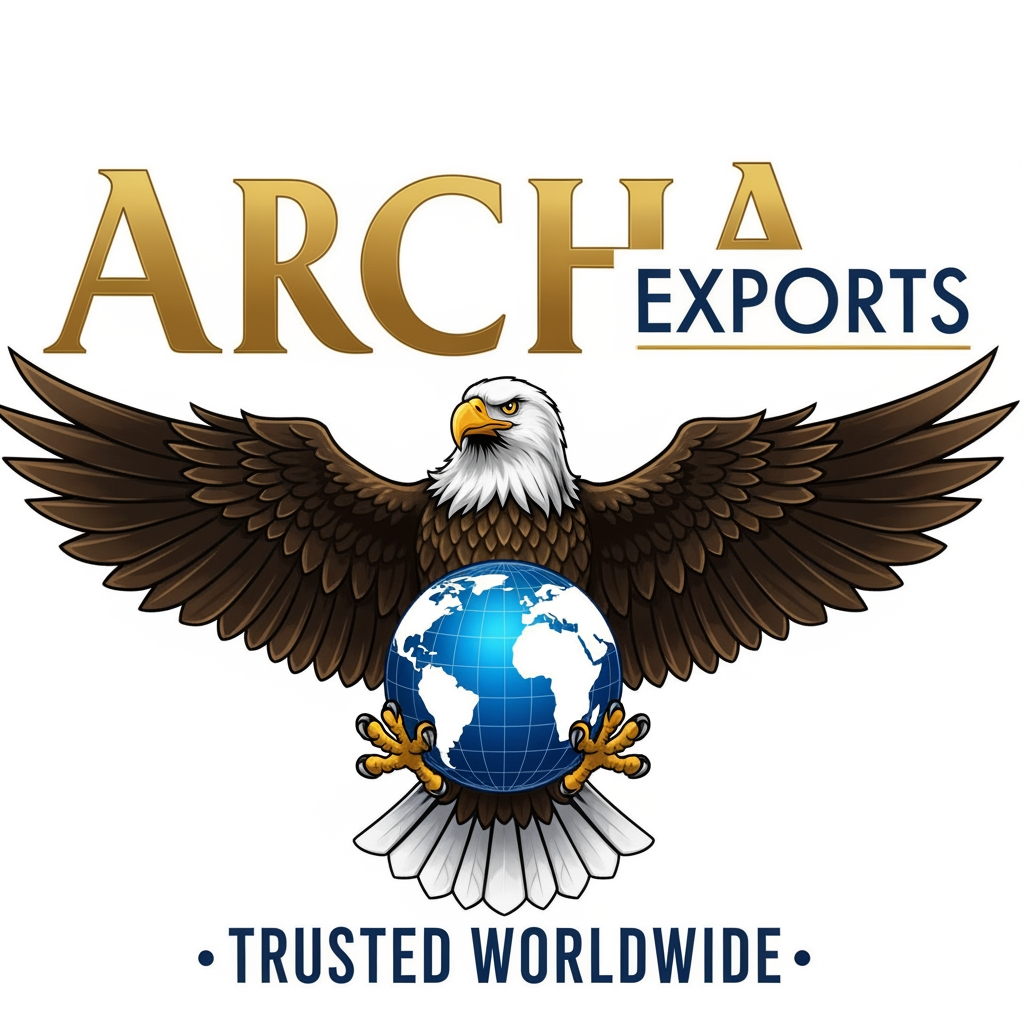 AI Design for Powerful export business logo for "ARCHA EXPORTS" —
majestic bald eagle with wings spread wide holding
a blue globe in its talons, golden feathers,
navy blue and gold color palette,
"ARCHA" in large bold gold serif font,
"EXPORTS" in bold navy beside it,
"TRUSTED WORLDWIDE" tagline in small spaced caps below,
white background, realistic illustration, high resolution.