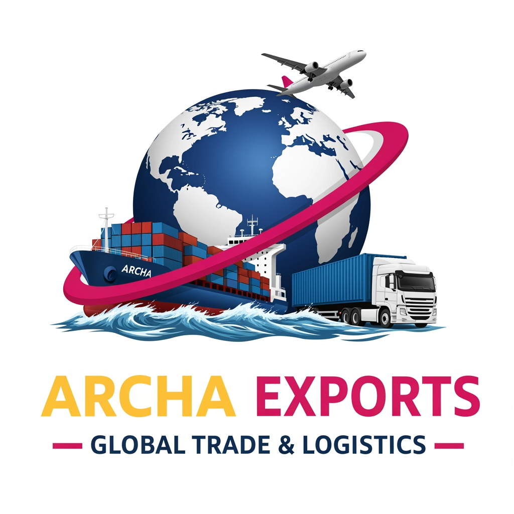 AI Design for Create a professional export company logo for "ARCHA EXPORTS"
in the same style as RC Exports logo —
large realistic 3D globe in the center background in navy blue,
a cargo container ship sailing on ocean waves on the left,
a white semi truck with blue shipping container on the right,
a commercial airplane flying above the globe,
pink/magenta swoosh curve wrapping around the globe.
Bottom text: "ARCHA" in large bold golden/yellow color,
"EXPORTS" in large bold pink/magenta color beside it,
"GLOBAL TRADE & LOGISTICS" in dark navy small caps below
with pink dash lines on both sides.
White background, hyper realistic illustration style,
high resolution, professional logo design.
generate one