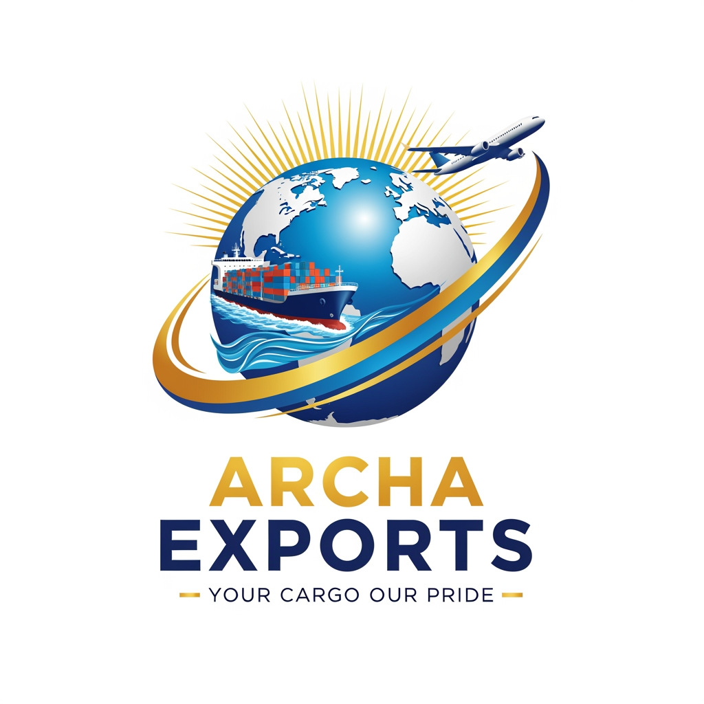 AI Design for Professional export company logo for "ARCHA EXPORTS" —
large realistic 3D blue globe center, massive cargo ship
on ocean waves on left, commercial airplane soaring
above right, golden sunrise rays behind globe,
blue and gold swoosh curve around globe,
"ARCHA" in bold gold, "EXPORTS" in bold navy blue,
tagline "YOUR CARGO OUR PRIDE" in small caps below
with gold dash lines, white background,
hyper realistic illustration, high resolution.