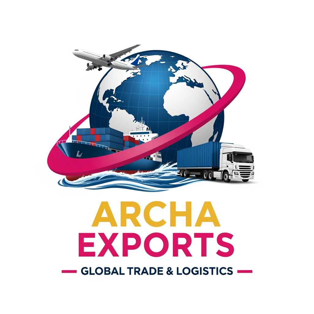 AI Design for Create a professional export company logo for "ARCHA EXPORTS"
in the same style as RC Exports logo —
large realistic 3D globe in the center background in navy blue,
a cargo container ship sailing on ocean waves on the left,
a white semi truck with blue shipping container on the right,
a commercial airplane flying above the globe,
pink/magenta swoosh curve wrapping around the globe.
Bottom text: "ARCHA" in large bold golden/yellow color,
"EXPORTS" in large bold pink/magenta color beside it,
"GLOBAL TRADE & LOGISTICS" in dark navy small caps below
with pink dash lines on both sides.
White background, hyper realistic illustration style,
high resolution, professional logo design.
generate one