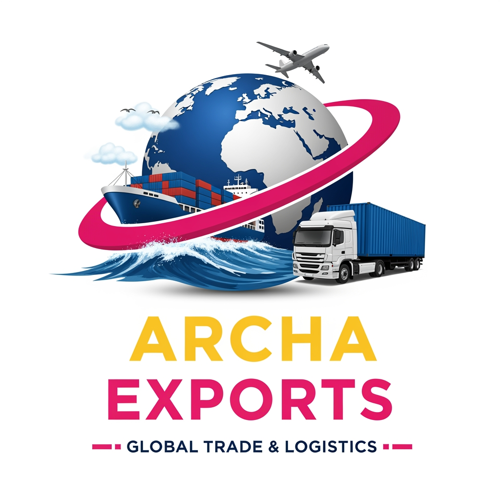 AI Design for Create a professional export company logo for "ARCHA EXPORTS"
in the same style as RC Exports logo —
large realistic 3D globe in the center background in navy blue,
a cargo container ship sailing on ocean waves on the left,
a white semi truck with blue shipping container on the right,
a commercial airplane flying above the globe,
pink/magenta swoosh curve wrapping around the globe.
Bottom text: "ARCHA" in large bold golden/yellow color,
"EXPORTS" in large bold pink/magenta color beside it,
"GLOBAL TRADE & LOGISTICS" in dark navy small caps below
with pink dash lines on both sides.
White background, hyper realistic illustration style,
high resolution, professional logo design.
generate one