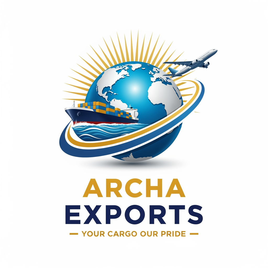 AI Design for Professional export company logo for "ARCHA EXPORTS" —
large realistic 3D blue globe center, massive cargo ship
on ocean waves on left, commercial airplane soaring
above right, golden sunrise rays behind globe,
blue and gold swoosh curve around globe,
"ARCHA" in bold gold, "EXPORTS" in bold navy blue,
tagline "YOUR CARGO OUR PRIDE" in small caps below
with gold dash lines, white background,
hyper realistic illustration, high resolution.