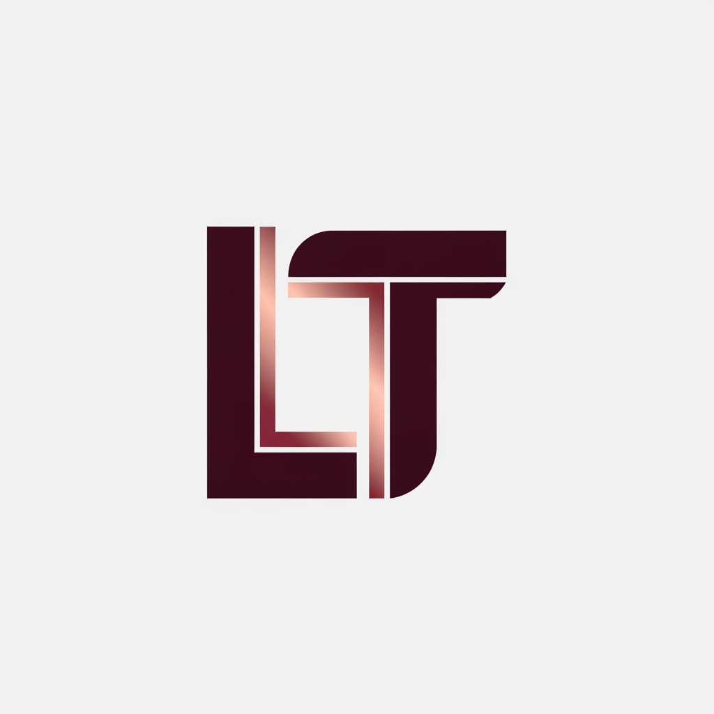 AI Design for LT monogram using a premium two-tone luxury palette. Use Deep Burgundy (#6E1020) as the primary color and Dusty Rose Gold (#C99A92) as the secondary accent. The logo must feel like a modern AI, technology, and digital innovation company. Keep the icon unified as one visual system, not separate colors competing with each other. Use the secondary color only as a subtle highlight or accent within the monogram. Maintain a minimalist, high-end, editorial aesthetic inspired by luxury branding, modern SaaS companies, and premium design studios. Clean background, flat design, no gradients, no shadows, no 3D effects.