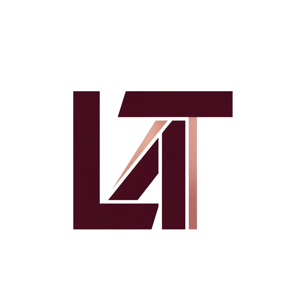 AI Design for LT monogram using a premium two-tone luxury palette. Use Deep Burgundy (#6E1020) as the primary color and Dusty Rose Gold (#C99A92) as the secondary accent. The logo must feel like a modern AI, technology, and digital innovation company. Keep the icon unified as one visual system, not separate colors competing with each other. Use the secondary color only as a subtle highlight or accent within the monogram. Maintain a minimalist, high-end, editorial aesthetic inspired by luxury branding, modern SaaS companies, and premium design studios. Clean background, flat design, no gradients, no shadows, no 3D effects.