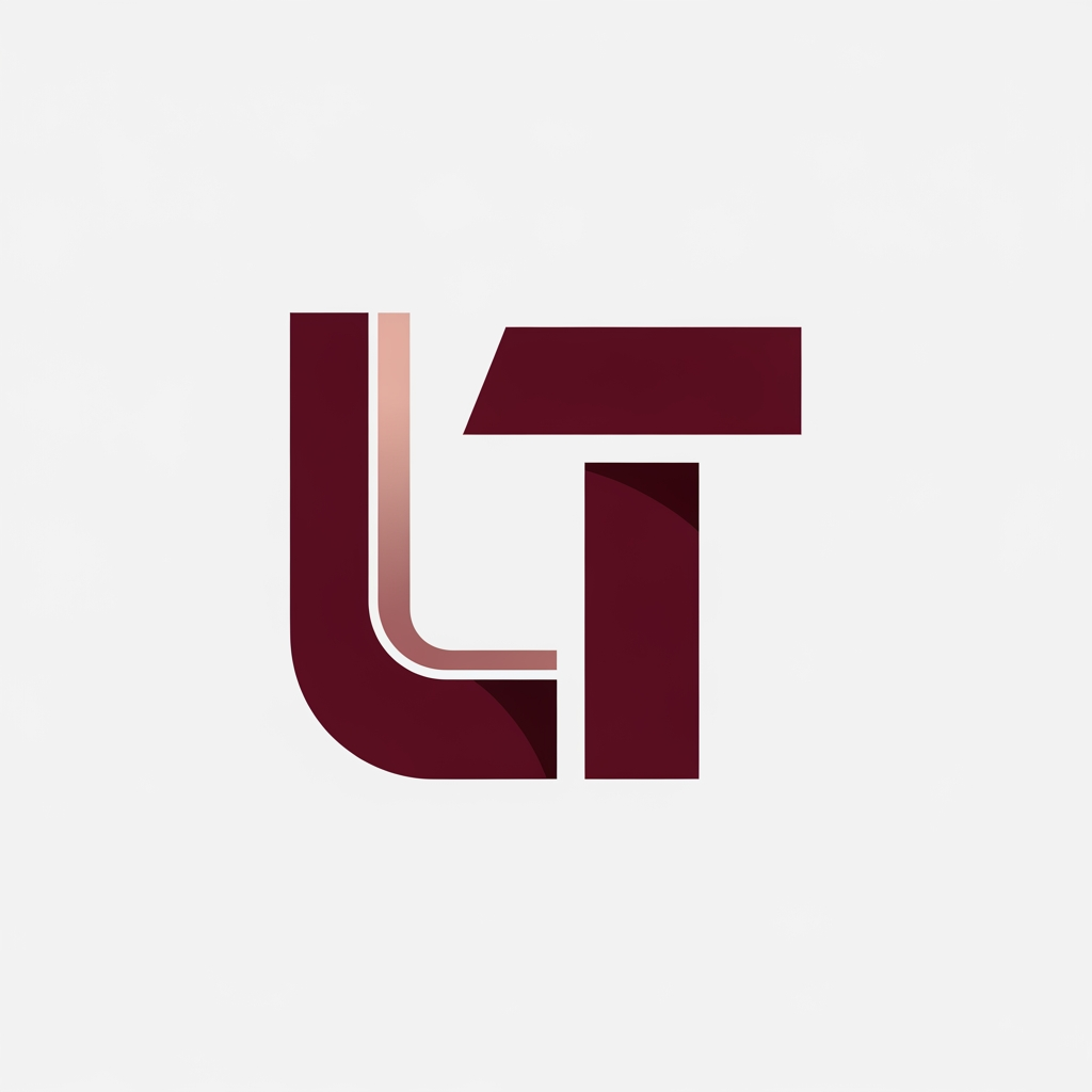 AI Design for LT monogram using a premium two-tone luxury palette. Use Deep Burgundy (#6E1020) as the primary color and Dusty Rose Gold (#C99A92) as the secondary accent. The logo must feel like a modern AI, technology, and digital innovation company. Keep the icon unified as one visual system, not separate colors competing with each other. Use the secondary color only as a subtle highlight or accent within the monogram. Maintain a minimalist, high-end, editorial aesthetic inspired by luxury branding, modern SaaS companies, and premium design studios. Clean background, flat design, no gradients, no shadows, no 3D effects.