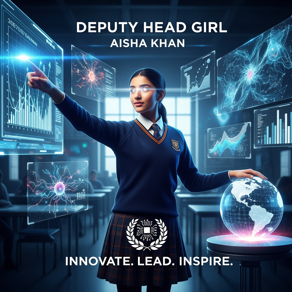 AI Design for please give me a image that is for my school elections , and my post is deputy head girl , and the main theme is ai and innovtion , it shoud be unique and outstanding , something that is catchy , and easily recognisable. the people who see my campaign should be like : woww!!!