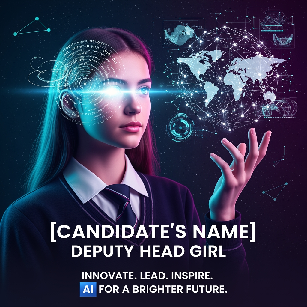 AI Design for please give me a image that is for my school elections , and my post is deputy head girl , and the main theme is ai and innovtion , it shoud be unique and outstanding , something that is catchy , and easily recognisable