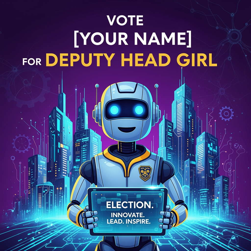AI Design for please give me a image that is for my school elections , and my post is deputy head girl , and the main theme is ai and innovtion , it shoud be unique and outstanding , something that is catchy , and easily recognisable