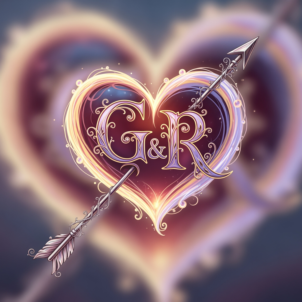 AI Design for make a logo of a heart with an arrow crossing it from left downside to right upside and in the heart there will be two alphabets G R make it romantic and fantasized beautiful
