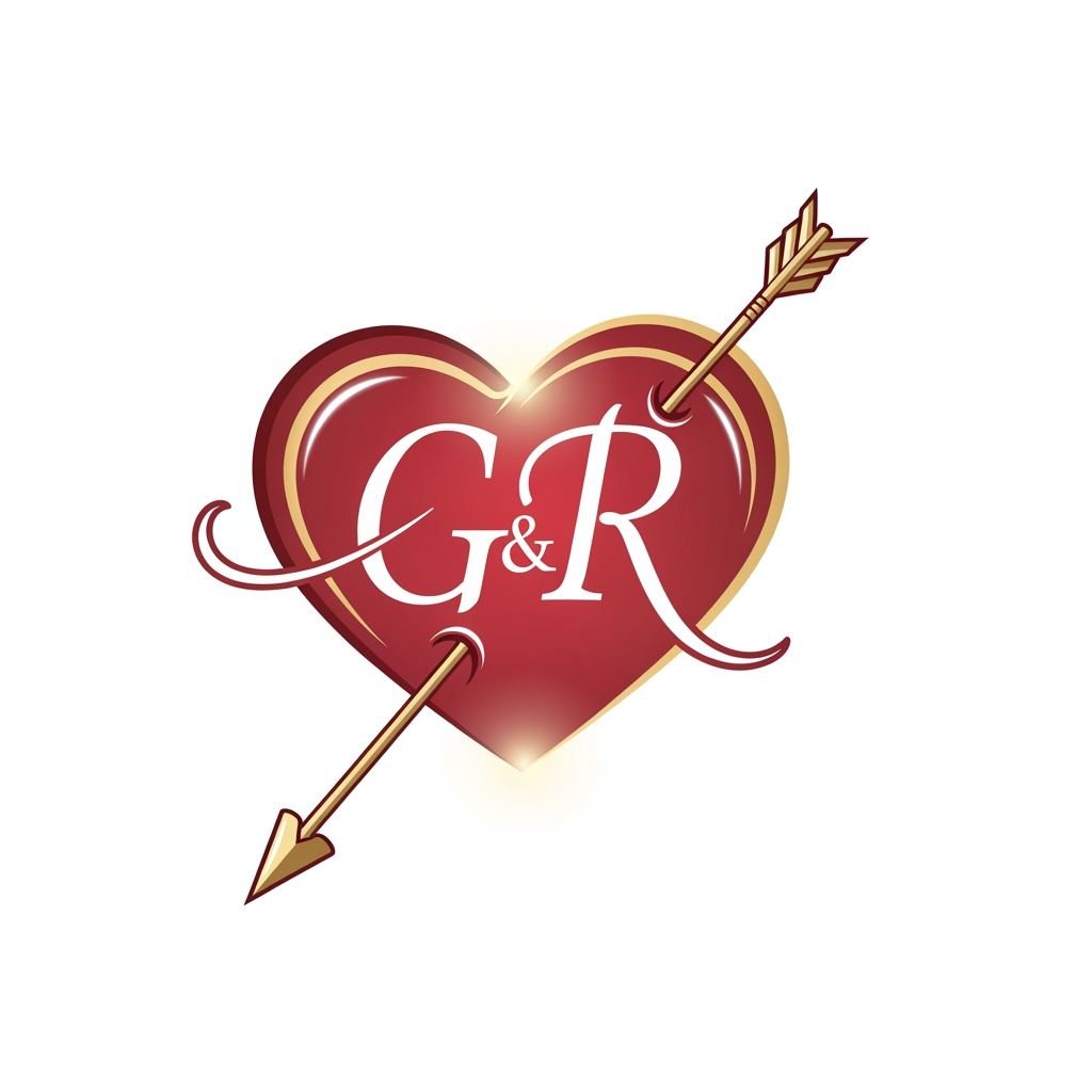 AI Design for make a logo of a heart with an arrow crossing it from left downside to right upside and in the heart there will be two alphabets G and R make it romantic