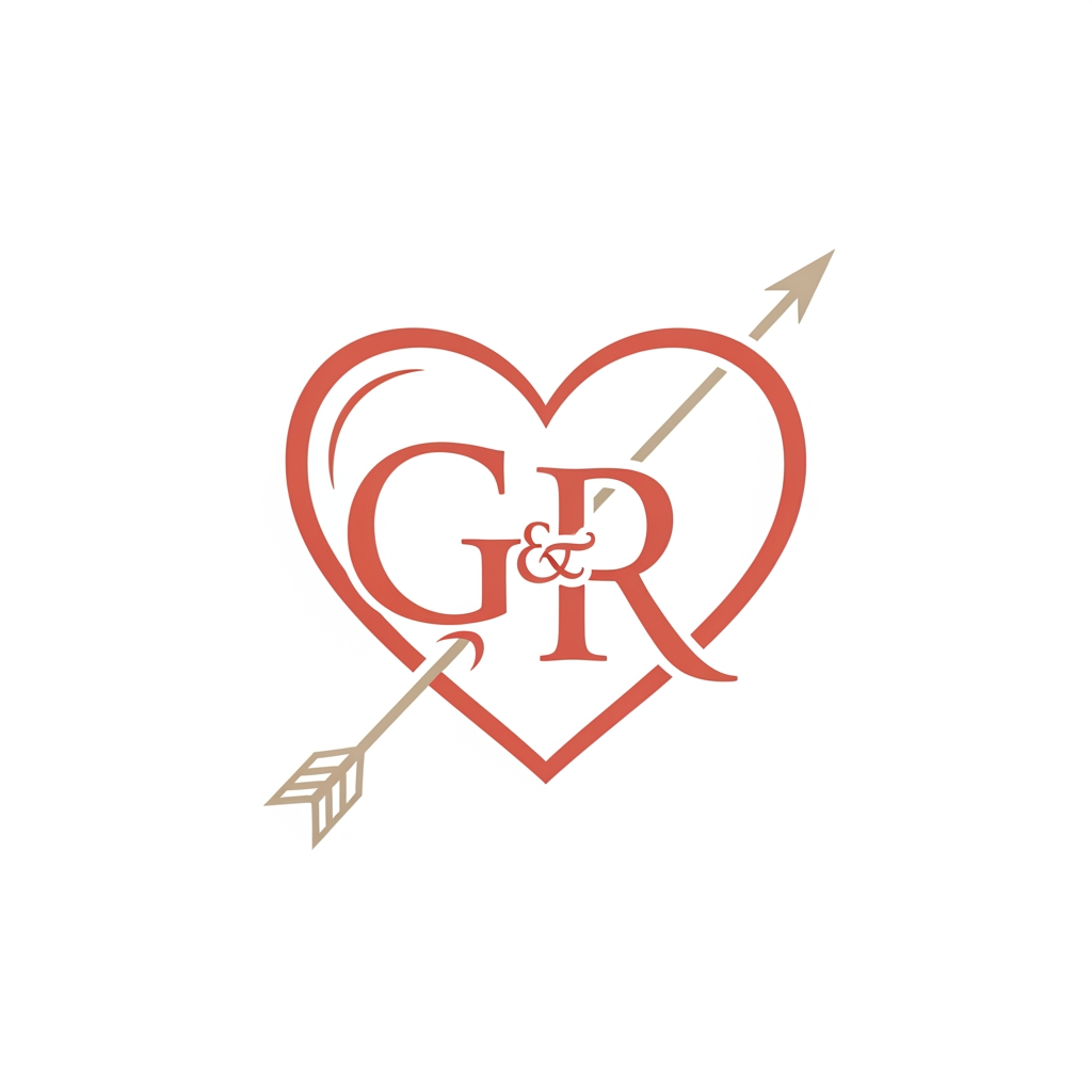 AI Design for make a logo of a heart with an arrow crossing it from left downside to right upside and in the heart there will be two alphabets G and R make it romantic