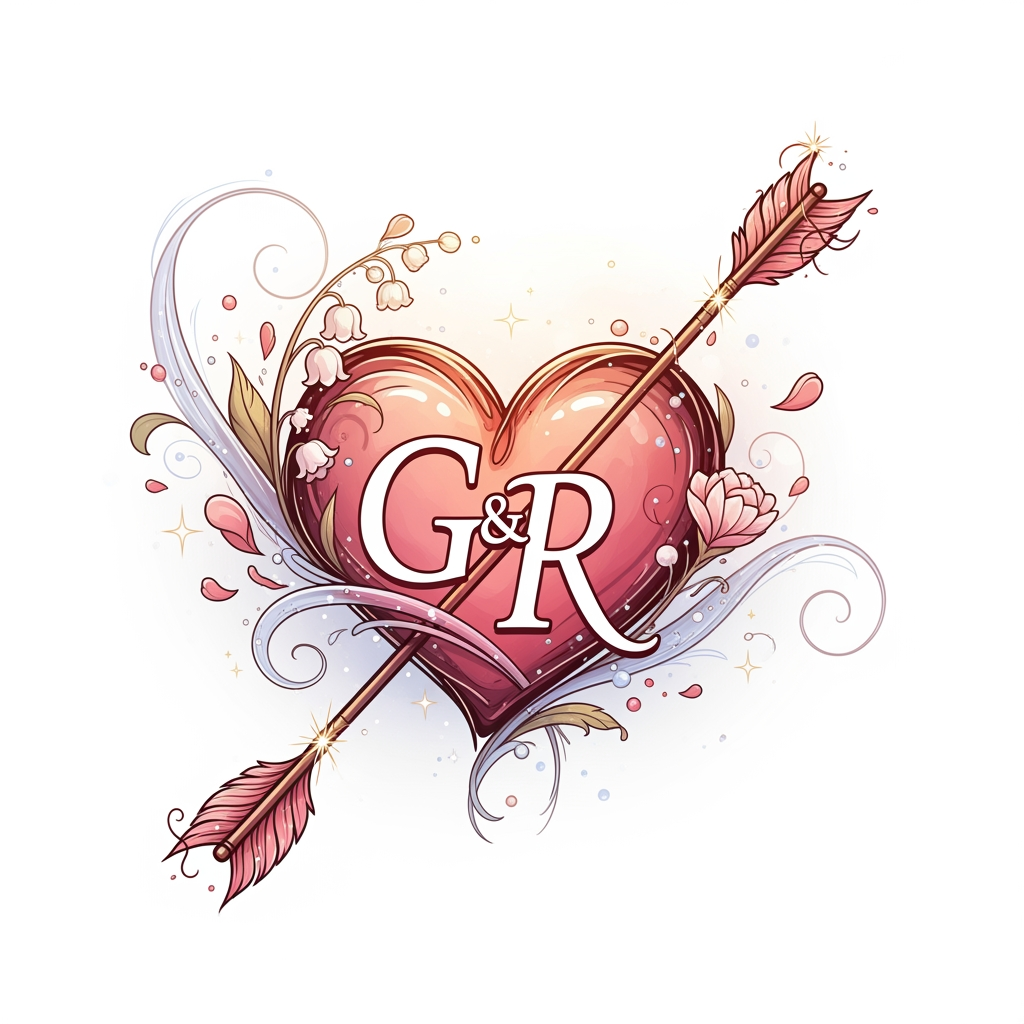 AI Design for make a logo of a heart with an arrow crossing it from left downside to right upside and in the heart there will be two alphabets G R make it romantic and fantasized beautiful