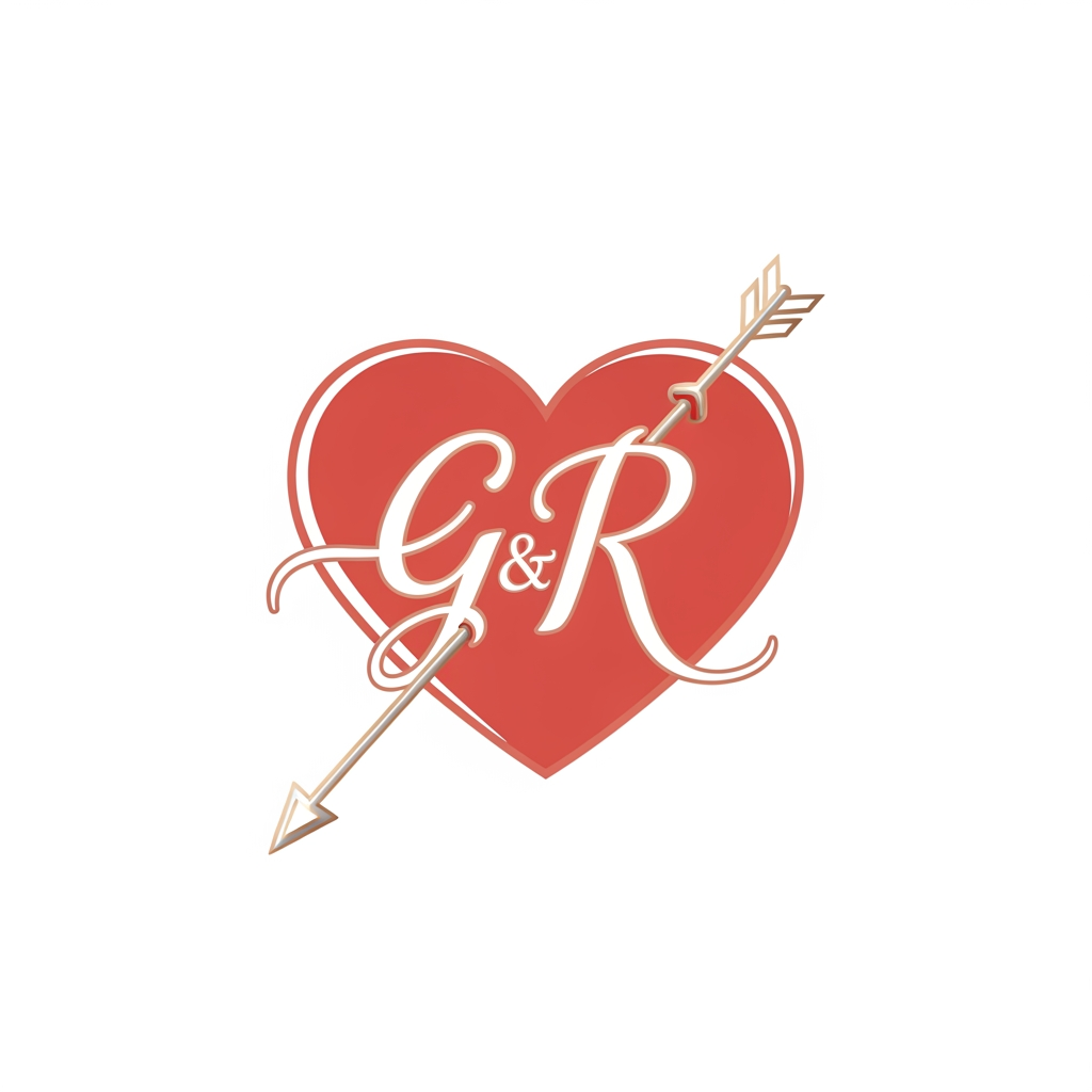 AI Design for make a logo of a heart with an arrow crossing it from left downside to right upside and in the heart there will be two alphabets G and R make it romantic