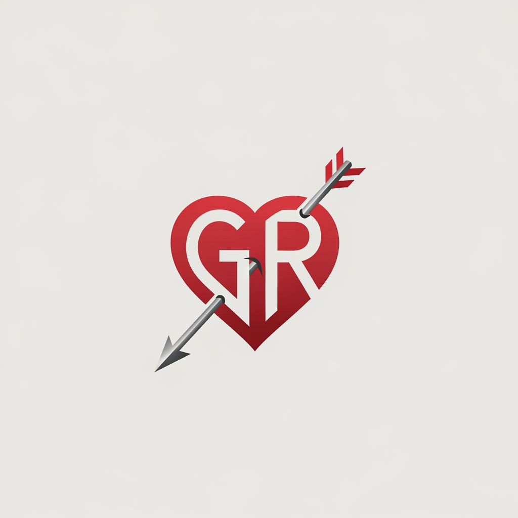 AI Design for make a logo of a heart with an arrow crossing it from left downside to right upside and in the heart there will be two alphabets G and R