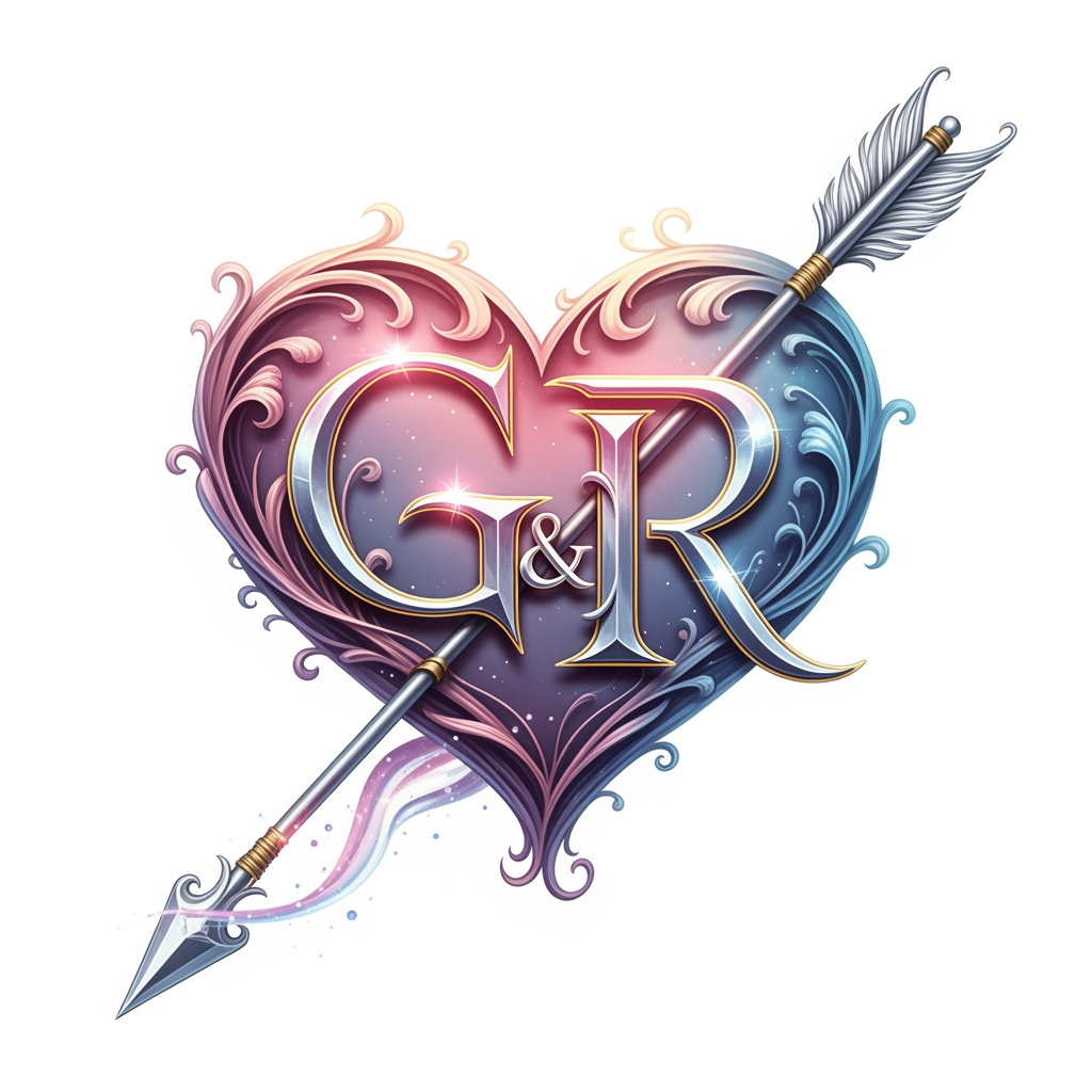 AI Design for make a logo of a heart with an arrow crossing it from left downside to right upside and in the heart there will be two alphabets G R make it romantic and fantasized beautiful