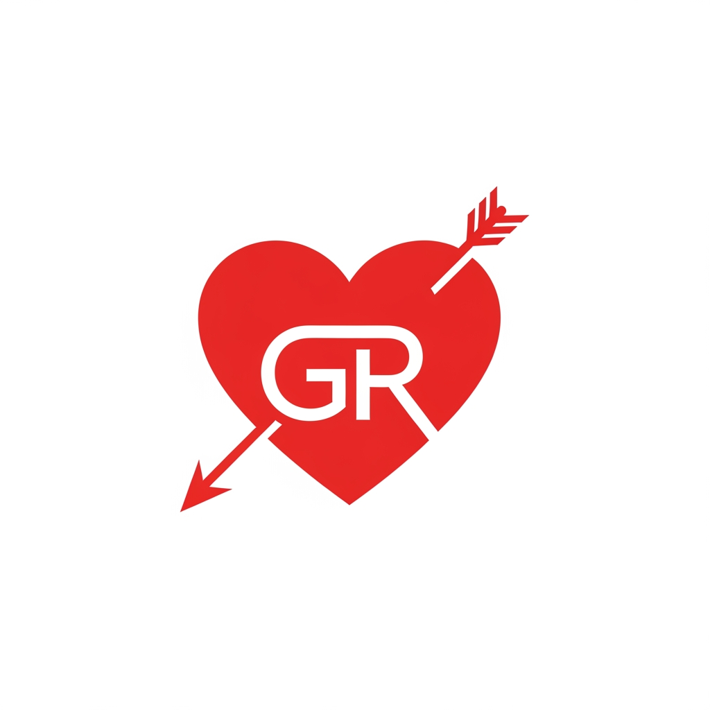 AI Design for make a logo of a heart with an arrow crossing it from left downside to right upside and in the heart there will be two alphabets G and R