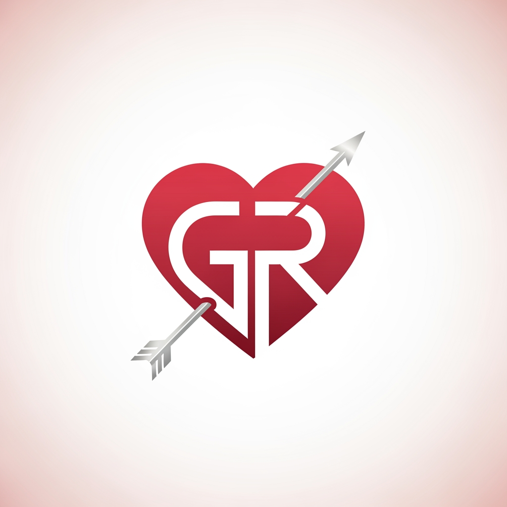 AI Design for make a logo of a heart with an arrow crossing it from left downside to right upside and in the heart there will be two alphabets G and R