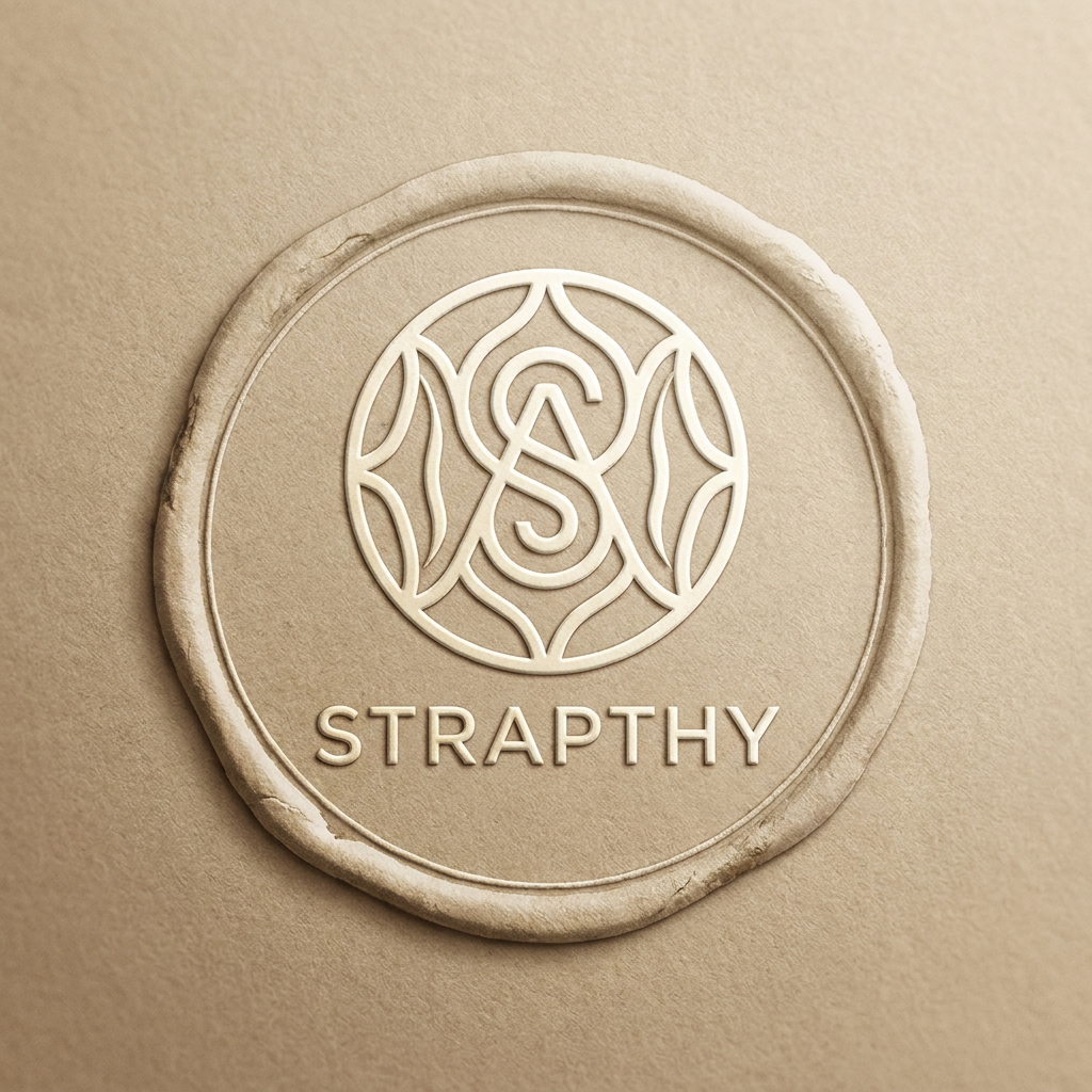 AI Design for A sophisticated, minimalist artisan seal logo for STRAPTHY, presented as a circular emblem with organic, flowing geometric lines and subtle, deliberate imperfections. The design features a refined, symmetrical aesthetic inspired by premium skincare embossing, utilizing a warm beige and ivory color palette. Rendered as a clean, high-contrast vector graphic suitable for foil stamping and luxury packaging, focusing on tactile depth and timeless elegance without the use of botanical or figurative elements.