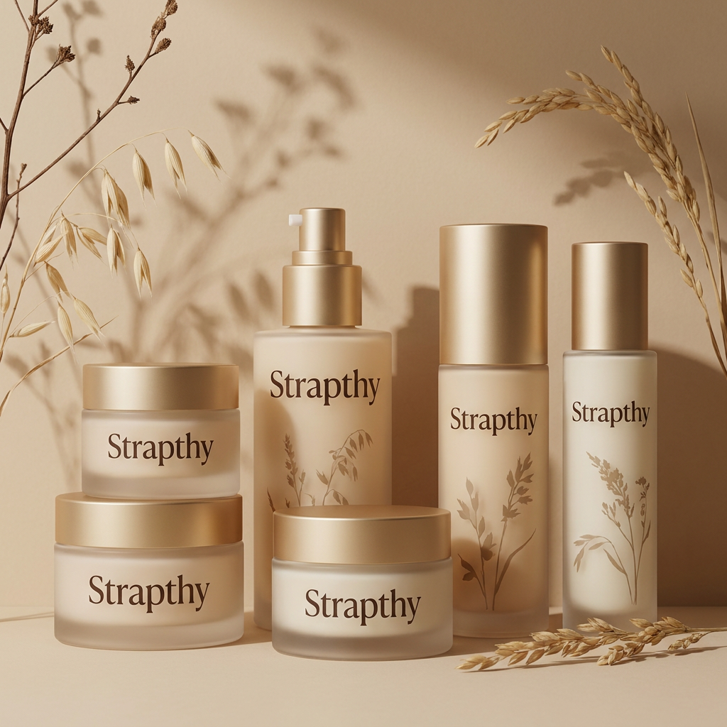 AI Design for Design premium skincare packaging for STRAPTHY. Keep the Strapthy wordmark clean and elegant. Instead of adding botanical elements to the logo, place soft botanical shadows and delicate organic silhouettes in the background. Inspired by dried oats, rice stalks, wild botanicals, and natural ingredients. Extremely subtle and refined. Warm beige and ivory tones, luxury cosmetic packaging, editorial beauty photography, quiet luxury aesthetic, sophisticated and timeless.