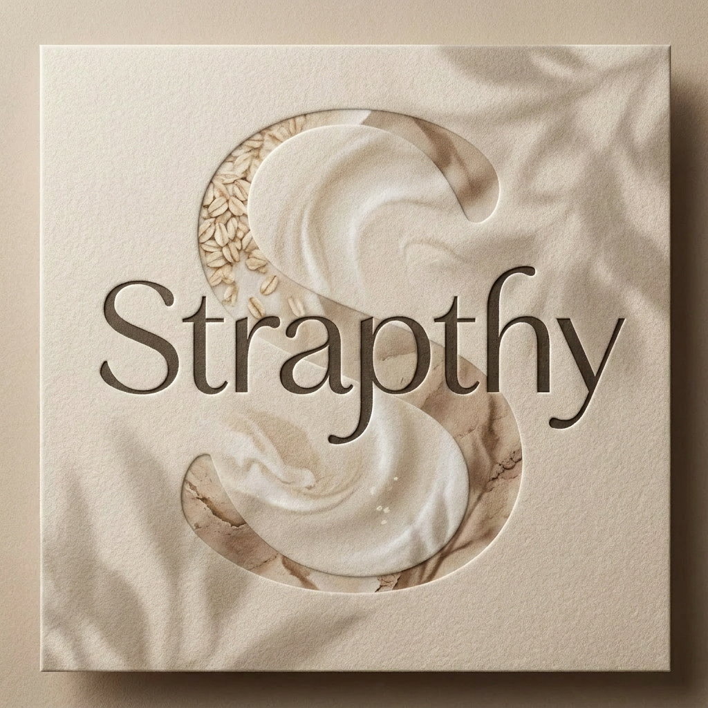 AI Design for Design a world-class luxury skincare and beauty packaging concept for STRAPTHY. Preserve the elegant custom wordmark as the sole logo. Behind the typography, place an oversized faded watermark derived from the letter S, blended with subtle organic textures inspired by oats, milk, clay, and botanical shadows. No leaves, no flowers, no droplets, no obvious skincare symbols. Warm beige and ivory palette, embossed luxury paper, soft natural lighting, editorial beauty aesthetic, artisan craftsmanship, premium cosmetic branding, timeless and sophisticated.