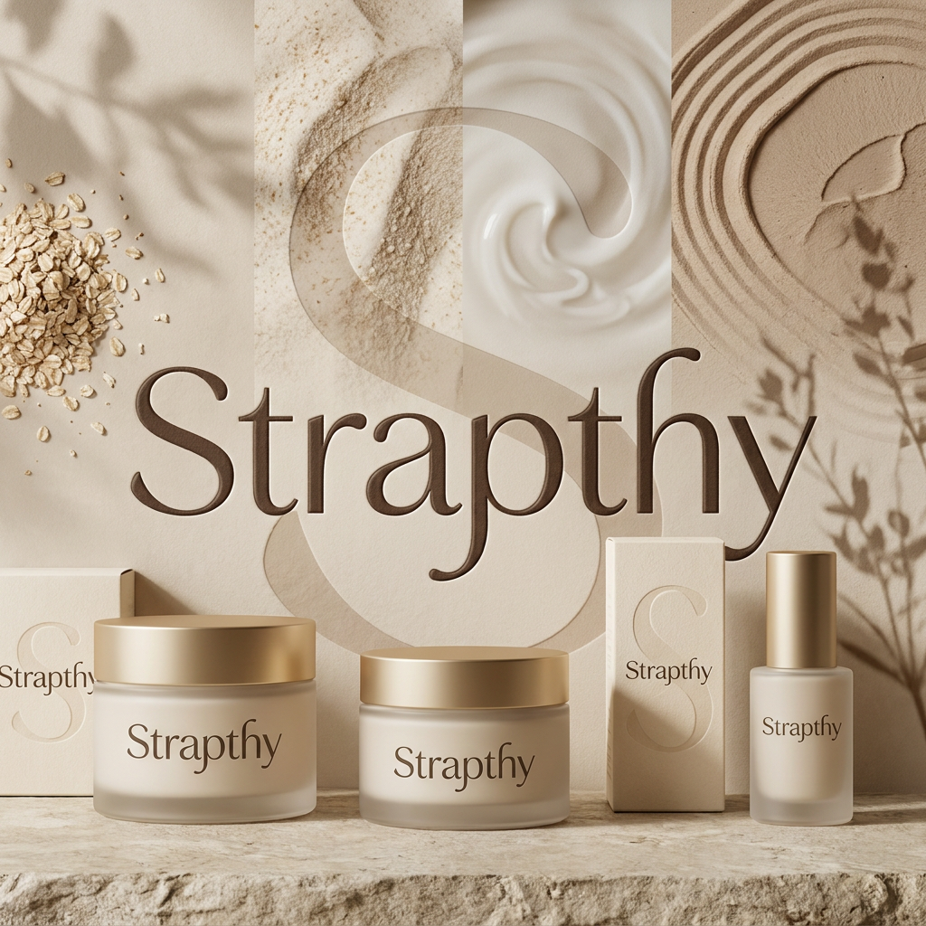 AI Design for Design a world-class luxury skincare and beauty packaging concept for STRAPTHY. Preserve the elegant custom wordmark as the sole logo. Behind the typography, place an oversized faded watermark derived from the letter S, blended with subtle organic textures inspired by oats, milk, clay, and botanical shadows. No leaves, no flowers, no droplets, no obvious skincare symbols. Warm beige and ivory palette, embossed luxury paper, soft natural lighting, editorial beauty aesthetic, artisan craftsmanship, premium cosmetic branding, timeless and sophisticated.