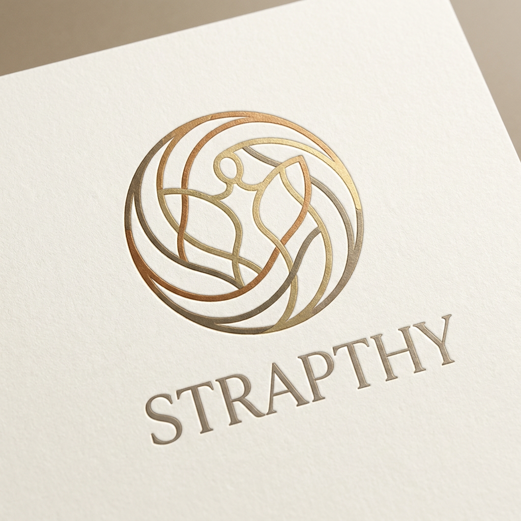 AI Design for Create a luxury beauty emblem for STRAPTHY using abstract interconnected lines that symbolize multiple identities joining into one. The symbol should feel meaningful and emotional while remaining elegant and minimal. No obvious letters should be visible at first glance, but the geometry should subtly suggest connection and unity. Premium cosmetic branding, sophisticated negative space, luxury skincare aesthetic, suitable for embossing and foil stamping. Warm neutral palette, timeless vector logo.