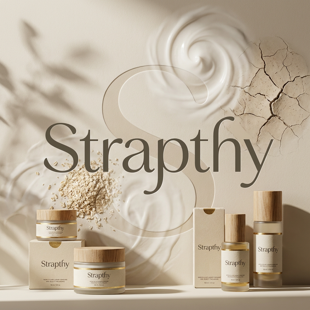 AI Design for Design a world-class luxury skincare and beauty packaging concept for STRAPTHY. Preserve the elegant custom wordmark as the sole logo. Behind the typography, place an oversized faded watermark derived from the letter S, blended with subtle organic textures inspired by oats, milk, clay, and botanical shadows. No leaves, no flowers, no droplets, no obvious skincare symbols. Warm beige and ivory palette, embossed luxury paper, soft natural lighting, editorial beauty aesthetic, artisan craftsmanship, premium cosmetic branding, timeless and sophisticated.