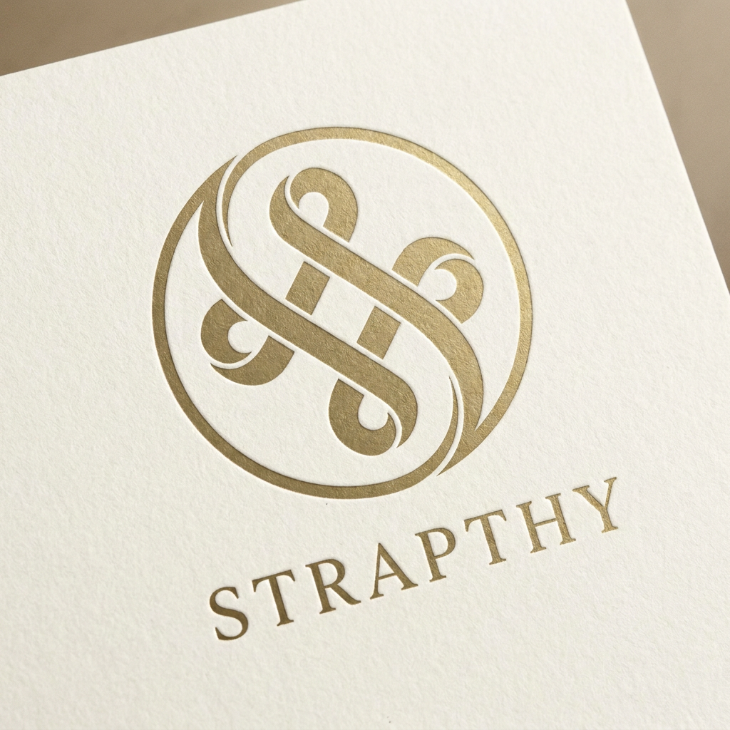 AI Design for Create a luxury beauty brand logo for STRAPTHY. Design a circular artisan emblem formed by a continuous flowing ribbon that folds elegantly into itself, symbolizing family legacy, craftsmanship, and timeless beauty. The shape should feel sculptural, balanced, and premium, with beautiful negative space and subtle hidden geometry. No leaves, flowers, eyes, droplets, butterflies, or obvious monograms. Inspired by luxury soap houses, niche fragrance brands, and modern beauty companies. Suitable for embossing on handmade soaps, cosmetic cartons, skincare bottles, and premium beige packaging. Quiet luxury aesthetic, refined vector logo, world-class branding quality.