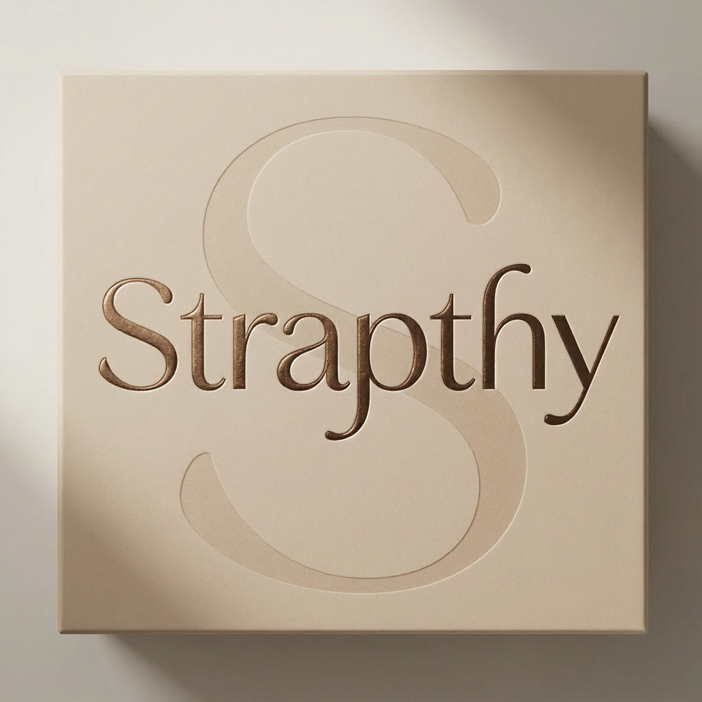 AI Design for jCreate a luxury cosmetic packaging design for STRAPTHY. Use the existing elegant Strapthy wordmark as the primary focus. Behind the logo, place an oversized faded ornamental S derived from the typography, enlarged to fill the composition like a watermark. The S should be subtle, sophisticated, and barely visible, creating depth without distracting from the brand name. Warm beige background, soft shadows, premium skincare aesthetic, luxury beauty house branding, minimal design, elegant negative space, embossed and foil-stamped appearance.