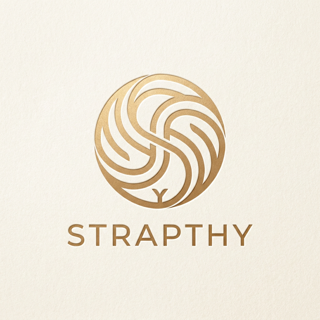 AI Design for Create a luxury beauty emblem for STRAPTHY using abstract interconnected lines that symbolize multiple identities joining into one. The symbol should feel meaningful and emotional while remaining elegant and minimal. No obvious letters should be visible at first glance, but the geometry should subtly suggest connection and unity. Premium cosmetic branding, sophisticated negative space, luxury skincare aesthetic, suitable for embossing and foil stamping. Warm neutral palette, timeless vector logo.