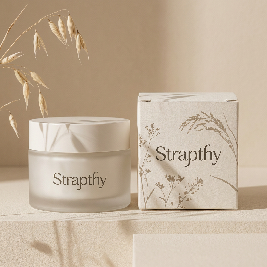 AI Design for Design premium skincare packaging for STRAPTHY. Keep the Strapthy wordmark clean and elegant. Instead of adding botanical elements to the logo, place soft botanical shadows and delicate organic silhouettes in the background. Inspired by dried oats, rice stalks, wild botanicals, and natural ingredients. Extremely subtle and refined. Warm beige and ivory tones, luxury cosmetic packaging, editorial beauty photography, quiet luxury aesthetic, sophisticated and timeless.