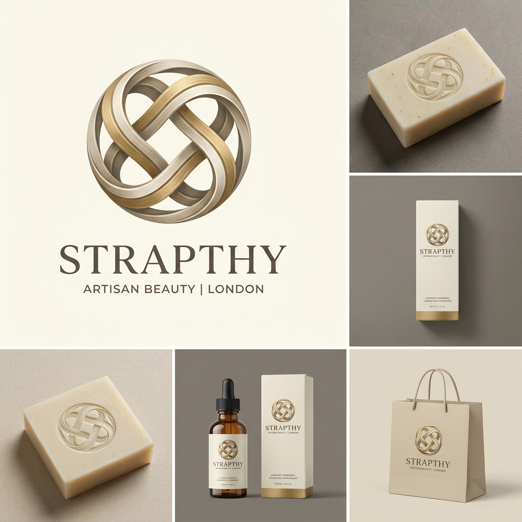 AI Design for Create a luxury beauty brand logo for STRAPTHY. Design a circular artisan emblem formed by a continuous flowing ribbon that folds elegantly into itself, symbolizing family legacy, craftsmanship, and timeless beauty. The shape should feel sculptural, balanced, and premium, with beautiful negative space and subtle hidden geometry. No leaves, flowers, eyes, droplets, butterflies, or obvious monograms. Inspired by luxury soap houses, niche fragrance brands, and modern beauty companies. Suitable for embossing on handmade soaps, cosmetic cartons, skincare bottles, and premium beige packaging. Quiet luxury aesthetic, refined vector logo, world-class branding quality.