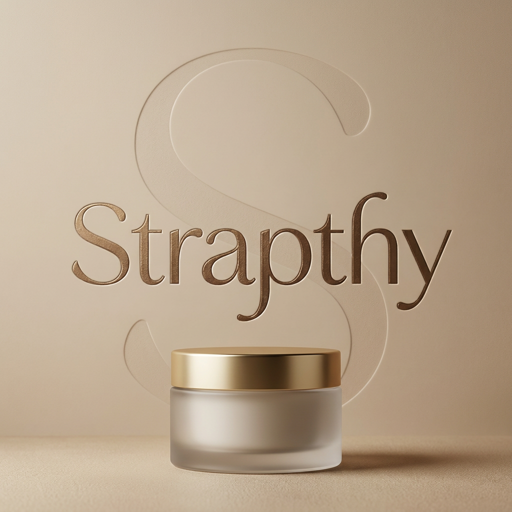 AI Design for jCreate a luxury cosmetic packaging design for STRAPTHY. Use the existing elegant Strapthy wordmark as the primary focus. Behind the logo, place an oversized faded ornamental S derived from the typography, enlarged to fill the composition like a watermark. The S should be subtle, sophisticated, and barely visible, creating depth without distracting from the brand name. Warm beige background, soft shadows, premium skincare aesthetic, luxury beauty house branding, minimal design, elegant negative space, embossed and foil-stamped appearance.