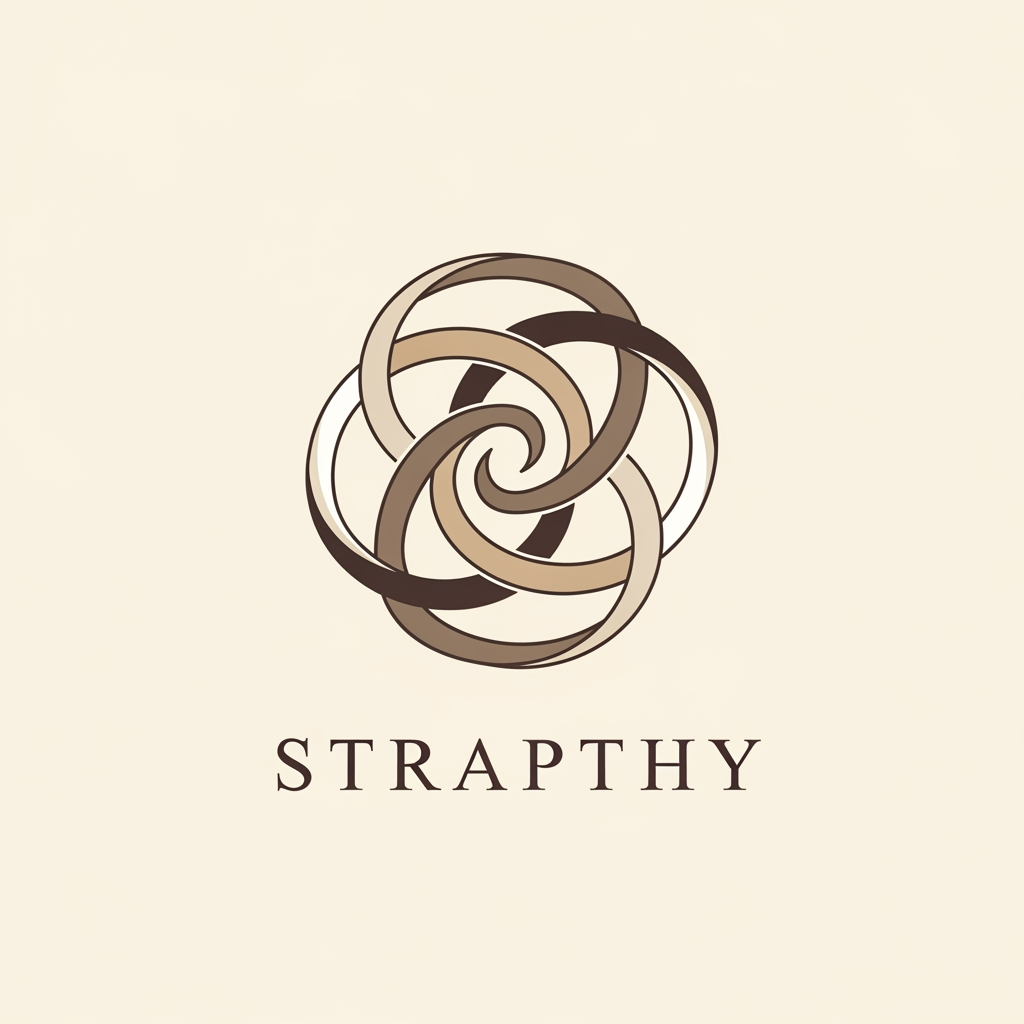 AI Design for Design a luxury cosmetic and skincare logo for STRAPTHY. Create an abstract circular emblem formed from a single flowing ribbon-like line. The symbol should represent connection, heritage, and family legacy without using literal initials, leaves, flowers, droplets, or eyes. Elegant overlapping curves, balanced negative space, sculptural geometry, quiet luxury aesthetic. The emblem should feel timeless, premium, and distinctive when embossed on soap bars, cosmetic cartons, glass bottles, and beauty packaging. Inspired by luxury beauty houses, artisan craftsmanship, and modern elegance. Beige, ivory, taupe, and deep mocha color palette. High-end vector logo design.