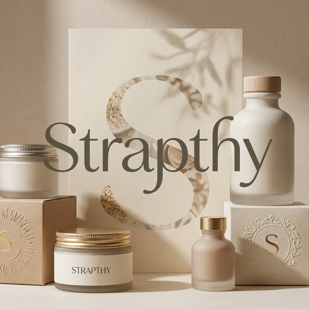 AI Design for Design a world-class luxury skincare and beauty packaging concept for STRAPTHY. Preserve the elegant custom wordmark as the sole logo. Behind the typography, place an oversized faded watermark derived from the letter S, blended with subtle organic textures inspired by oats, milk, clay, and botanical shadows. No leaves, no flowers, no droplets, no obvious skincare symbols. Warm beige and ivory palette, embossed luxury paper, soft natural lighting, editorial beauty aesthetic, artisan craftsmanship, premium cosmetic branding, timeless and sophisticated.