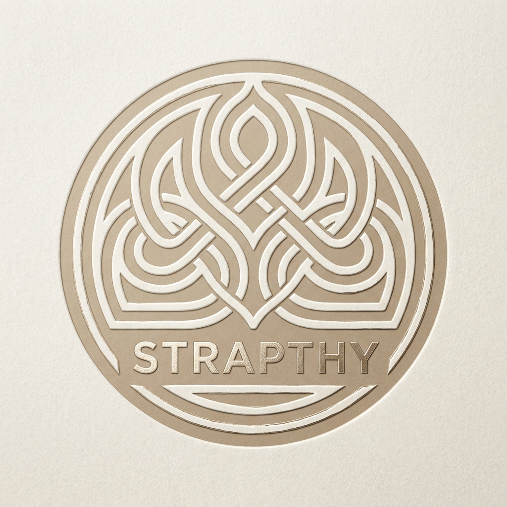 AI Design for A sophisticated, minimalist artisan seal logo for STRAPTHY, presented as a circular emblem with organic, flowing geometric lines and subtle, deliberate imperfections. The design features a refined, symmetrical aesthetic inspired by premium skincare embossing, utilizing a warm beige and ivory color palette. Rendered as a clean, high-contrast vector graphic suitable for foil stamping and luxury packaging, focusing on tactile depth and timeless elegance without the use of botanical or figurative elements.