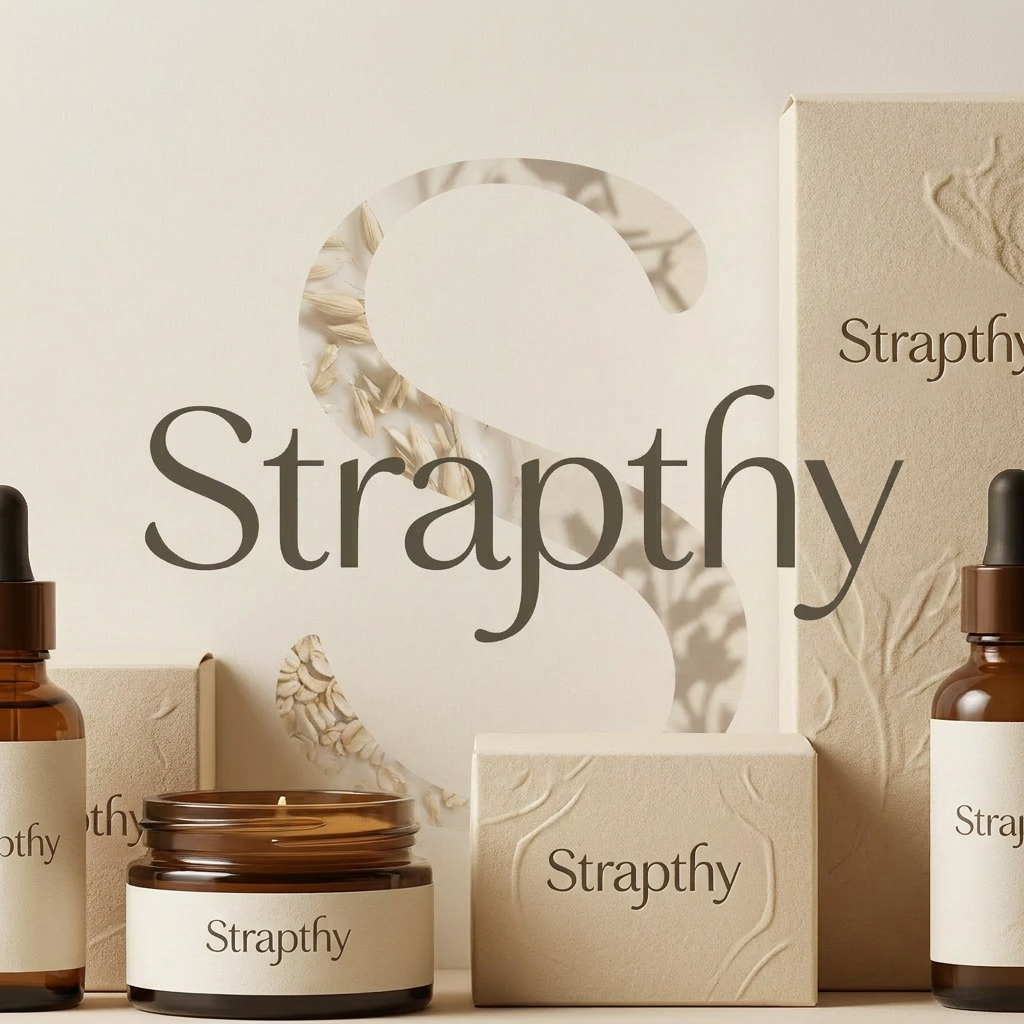AI Design for Design a world-class luxury skincare and beauty packaging concept for STRAPTHY. Preserve the elegant custom wordmark as the sole logo. Behind the typography, place an oversized faded watermark derived from the letter S, blended with subtle organic textures inspired by oats, milk, clay, and botanical shadows. No leaves, no flowers, no droplets, no obvious skincare symbols. Warm beige and ivory palette, embossed luxury paper, soft natural lighting, editorial beauty aesthetic, artisan craftsmanship, premium cosmetic branding, timeless and sophisticated.